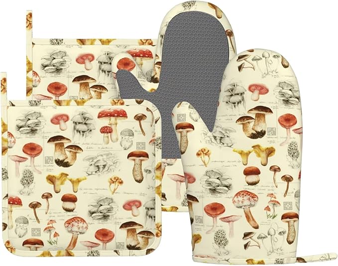 Mushroom Oven Mitts and Pot Holders Sets Silicone Vintage Mushrooms Kitchen by MIFSOIAVV