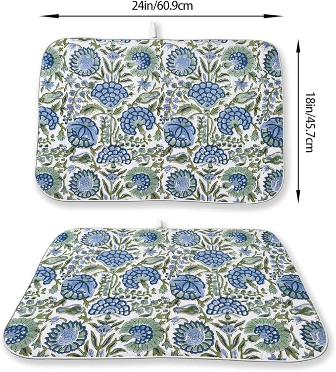 Vintage Blue Sage Green Floral Dish Drying Mat 18 x 24 Inch Boho Floral Drying - Image 6