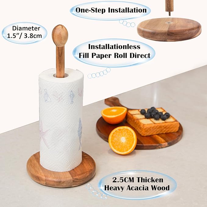 14.5" Acacia Wooden Paper Towel Holder, 6.7" Large Heavy Base Wooden Kitchen - Image 3