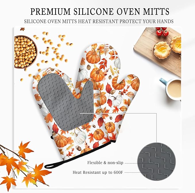 Thanksgiving Pumpkin Oven Mitts and Pot Holders, Fall Oven Mitts Sets of 3 - Image 4