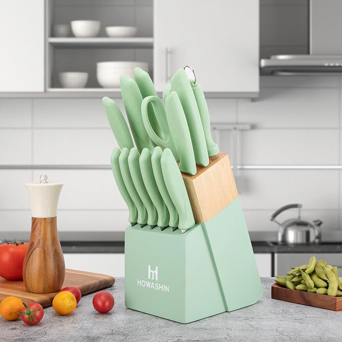 Green Knife Set, High Carbon German Stainless Steel Knife Block Set, Hand wash
