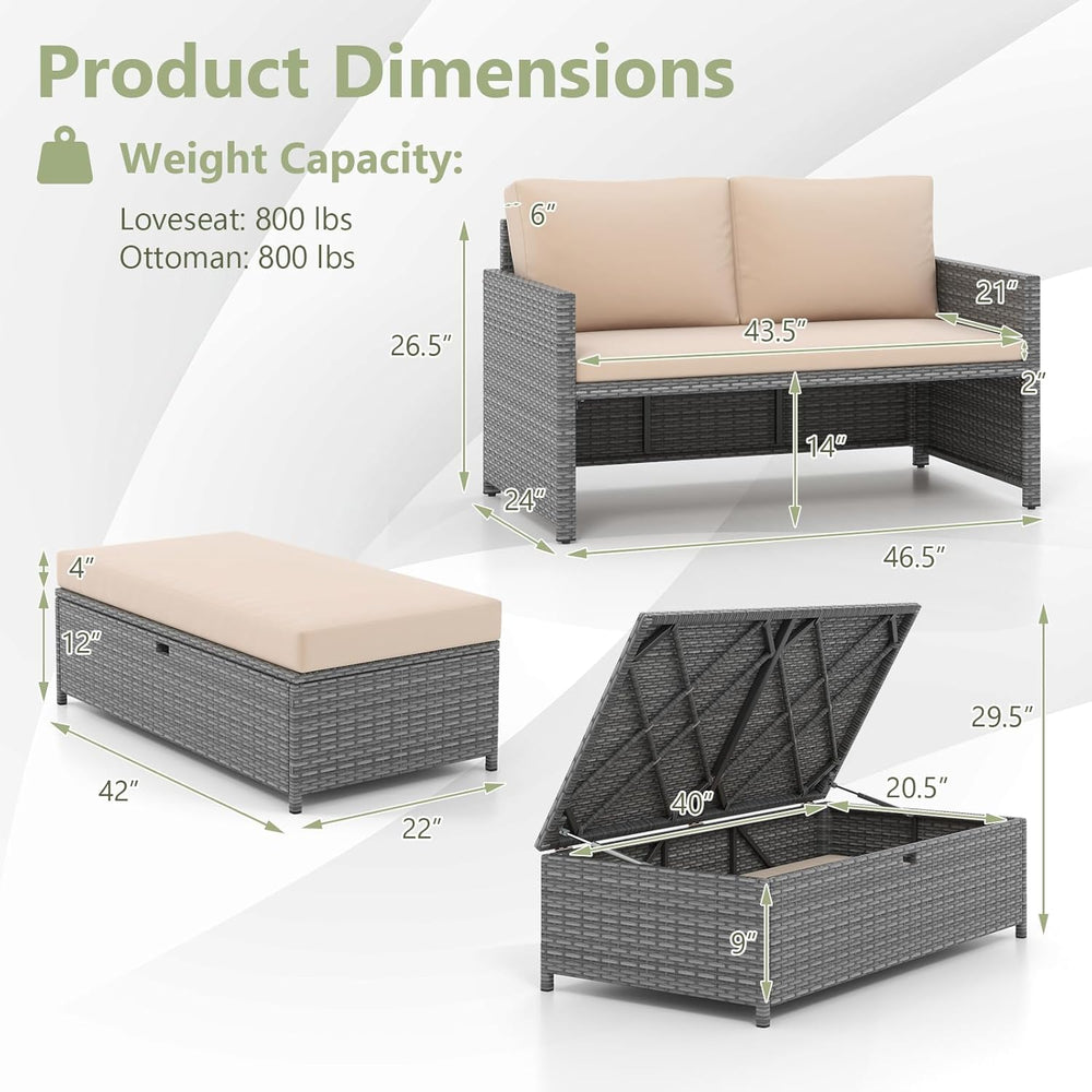 Tangkula Outdoor Rattan Daybed, Wicker Loveseat & 31 Gallon Storage Ottom...