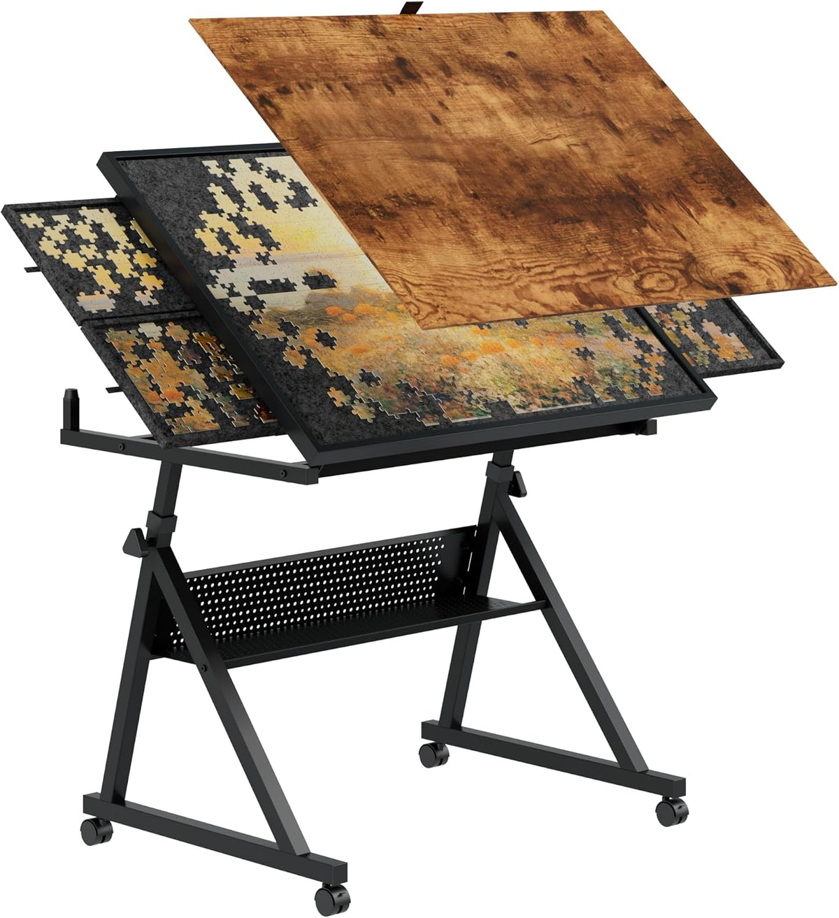 1500Pcs Jigsaw Puzzle Tables for Adults with 4 Trays,Black | Puzzle Board Table with Wood Cover & 4 Wheels | Storage Layer Board | Adjustable Surface | Work Desk | Storage,Sturdy