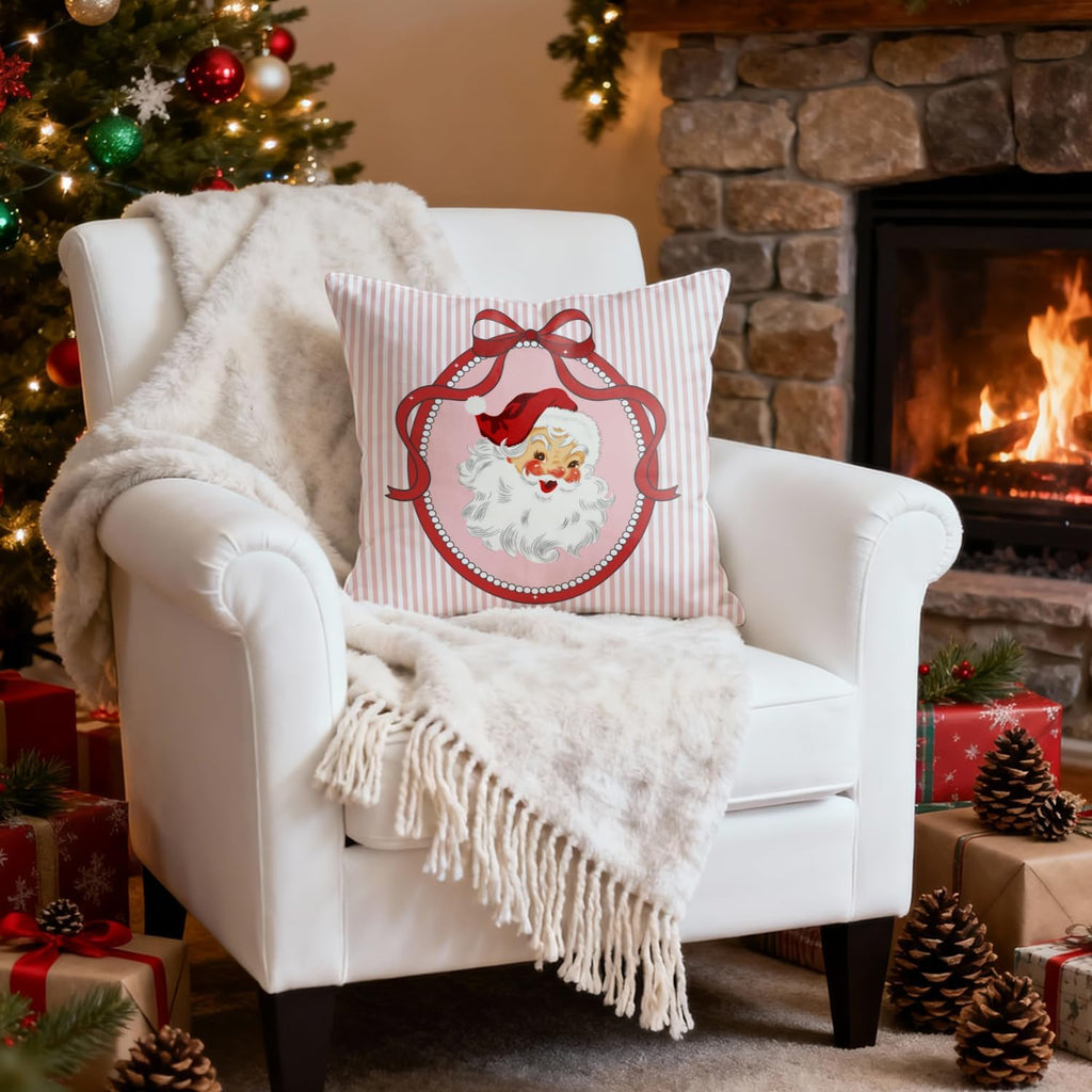 Coquette Red Bow Christmas Santa Pillow Covers 18x18, Preppy Christmas Decor, Girly Xmas Santa Claus Pink Striped Decorative Throw Pillow Covers for Girls Dorm Room Apartment