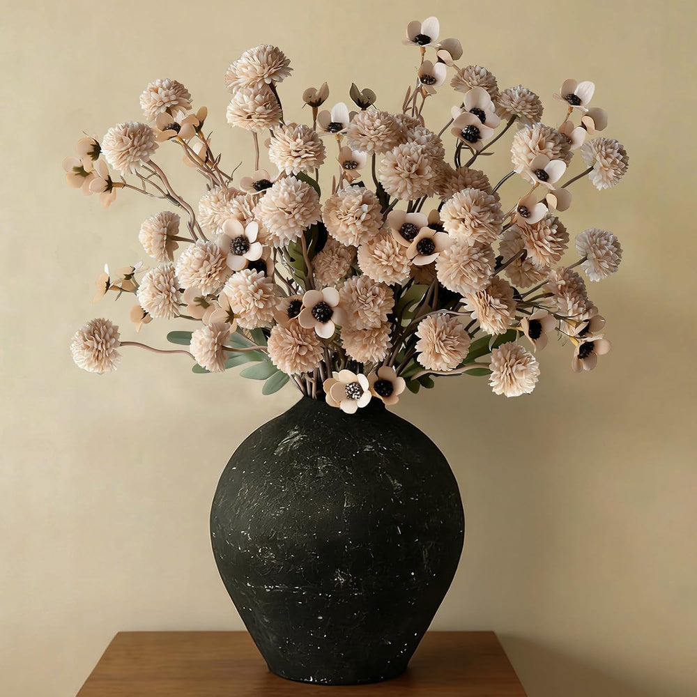 12 Pcs Fake Flowers Beige Faux Pompon Mums Artificial Flowers for Vase