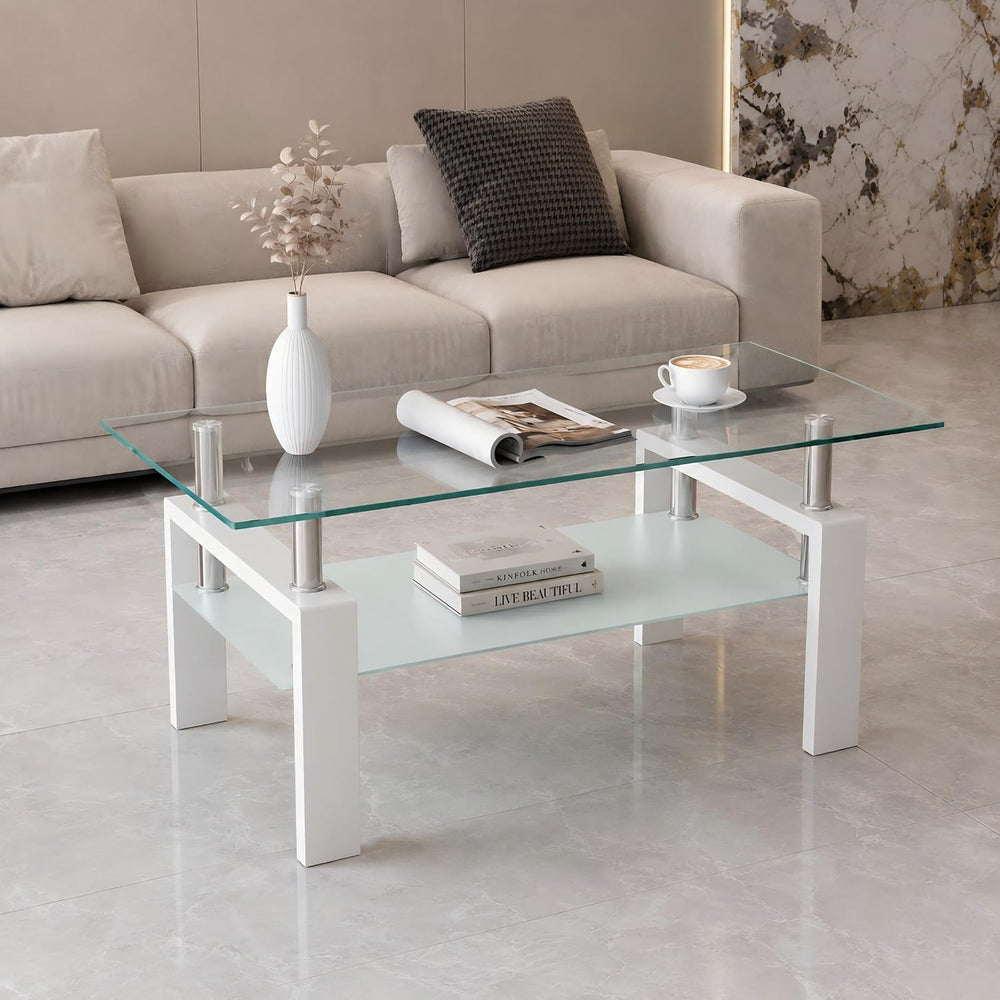 Glass Coffee Table for Living Room, Modern Coffee Table with Transparent Temp...