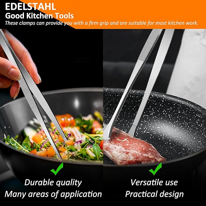 12-Inch Stainless Steel Kitchen Tongs Set, Straight & Round Edge Cooking - Image 4