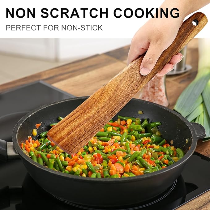 8 Pcs Best Non Toxic Kitchen Utensil Set Teak Wooden Cooking Spoons Nonstick - Image 5