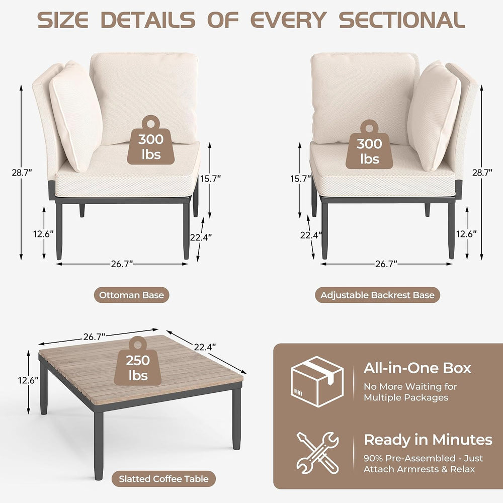 6 in 1 Outdoor Sectional, Aluminum Patio Loveseat with Coffee Table