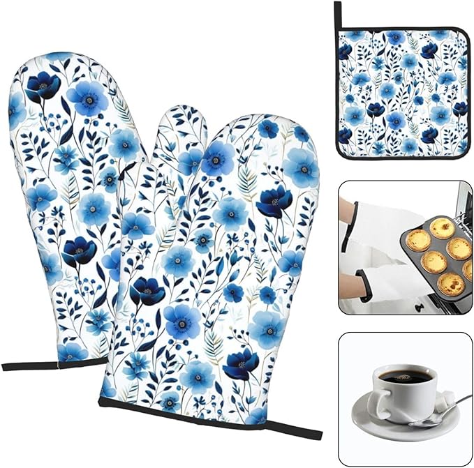 Blue Floral Oven Mitts and Pot Holders Sets of 3, Heat Resistant Cute - Image 4