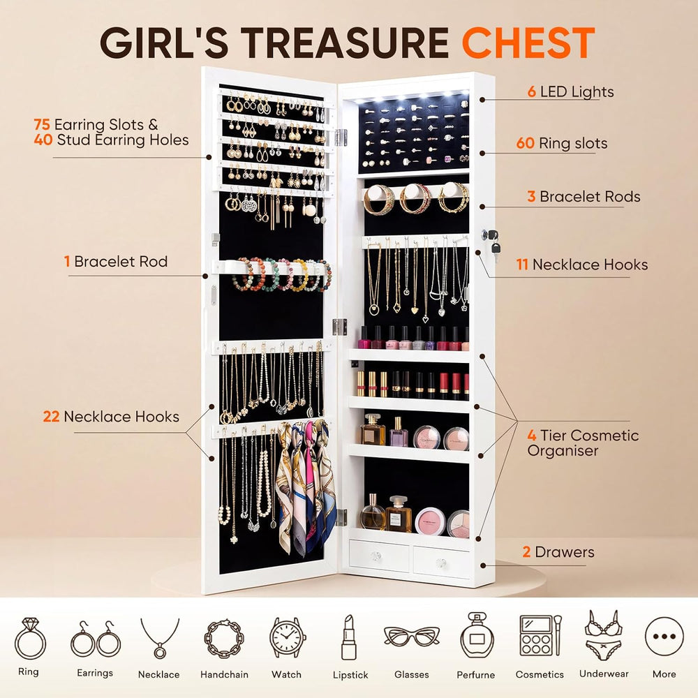 Antok 6 LEDs Jewelry Cabinet with Lock, 50" Full Length Mirror Wall Moun...