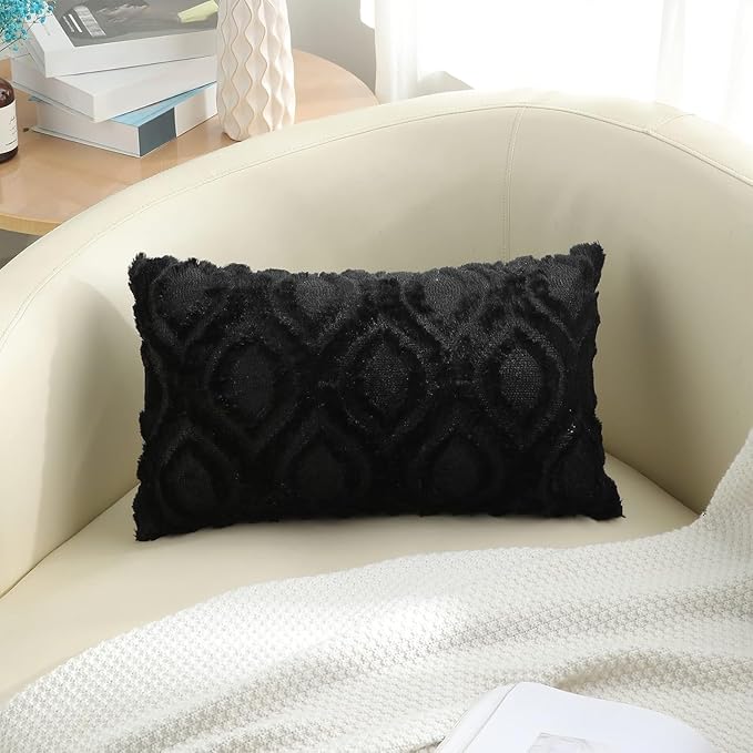 decorUhome Throw Pillow Covers 12x20 Inch Set of 2, Soft Plush Faux Wool Black - Image 7