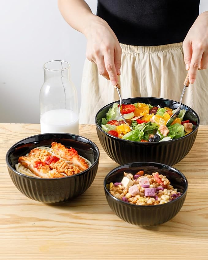 HASENSE Small Mixing Bowls of 3, Porcelain Ribbed Black Bowls 1.5/1/0.5 Qt - Image 4