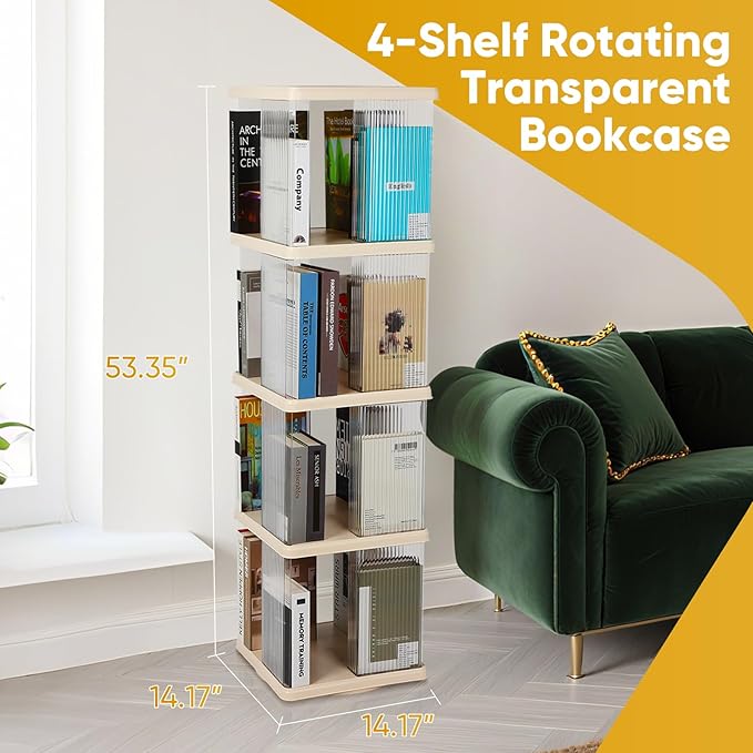 FAHKNS 4 Tier Rotating Bookshelf,360°Display Floor Standing Bookcase,Book She...
