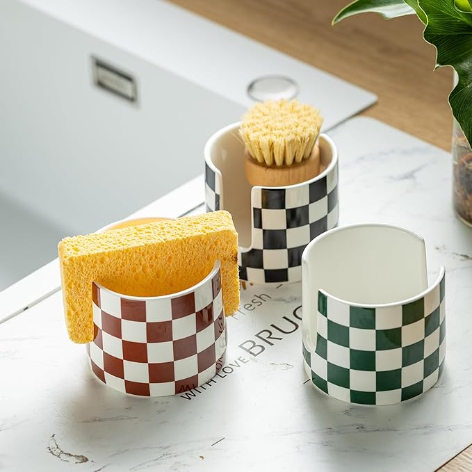 Zoeeker Checkered Kitchen Sink Sponge Holder, Dish Sponge Rack Ceramic Brush - Image 7