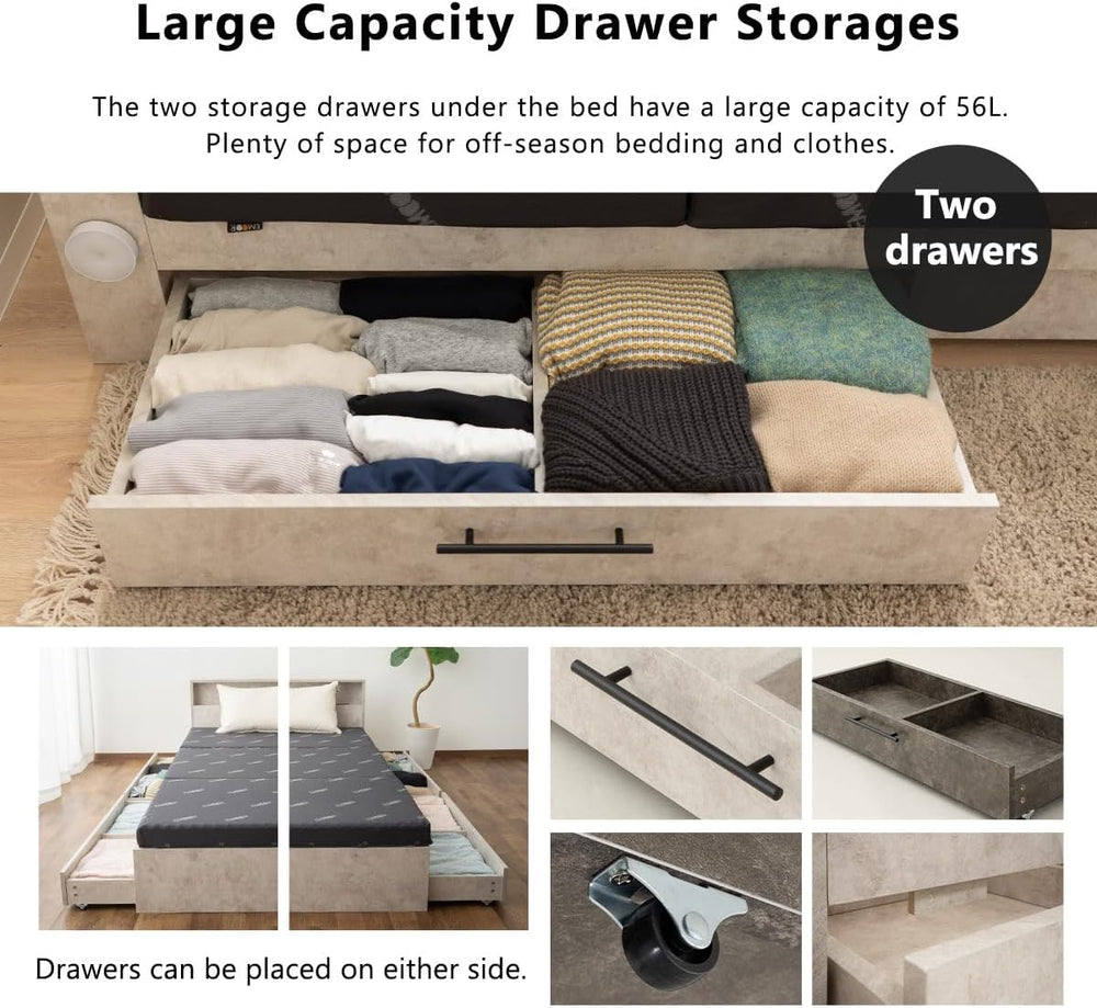 EMOOR Wood Slatted Bed Frame with Storage Drawers HEIM Twin (Stone-Gray), Hea...