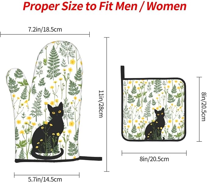 Black Cat Wildflower Hot Pads and Oven Mitts Set of 3, Spring Summer Plants - Image 4