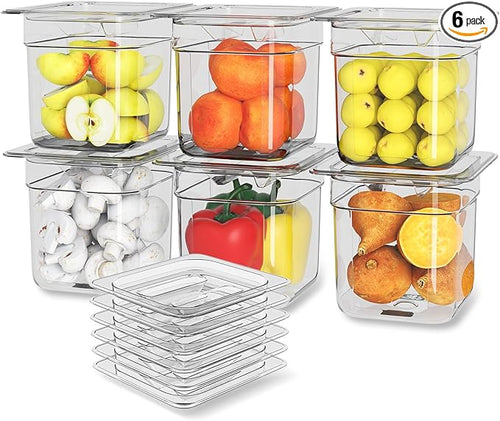 6 Pack Plastic Food Pan with Lid 1/6 Size 6 Inch Deep Restaurant Clear Food by HNEDSEN