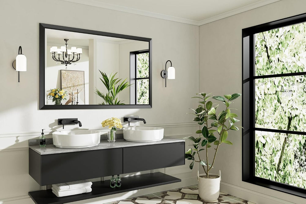 Black Metal Framed Bathroom Wall Mirror, 55x36 Inch