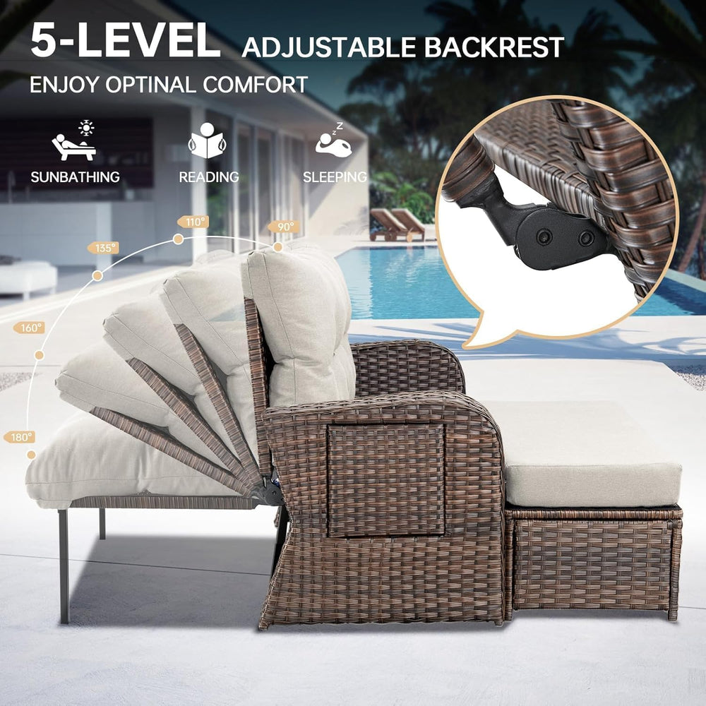Outdoor Daybed, Patio Daybed Wicker Recliner for Two with Multifunctional Rec...