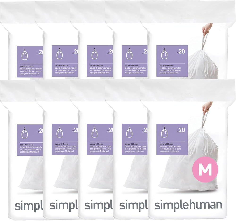 simplehuman Code M 200 Count Custom Fit Liners, Drawstring Kitchen Trash Bags