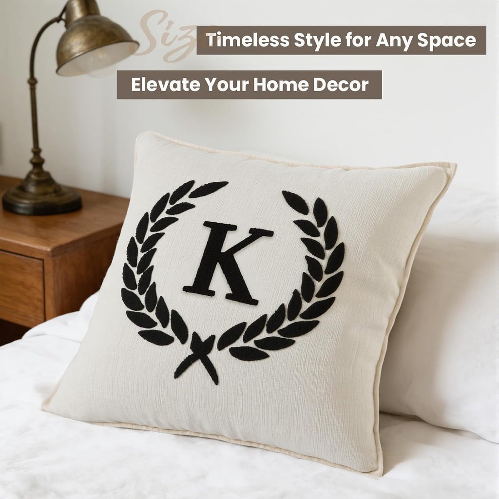Pack of 2 Chenille Initials Pillowcases 18x18 inch Cream White | Bohemian Farmhouse Neutral Personalized First Letter Embroidery Cushion pillow Soft Sofa Bedrooms Living Room Home Decoration