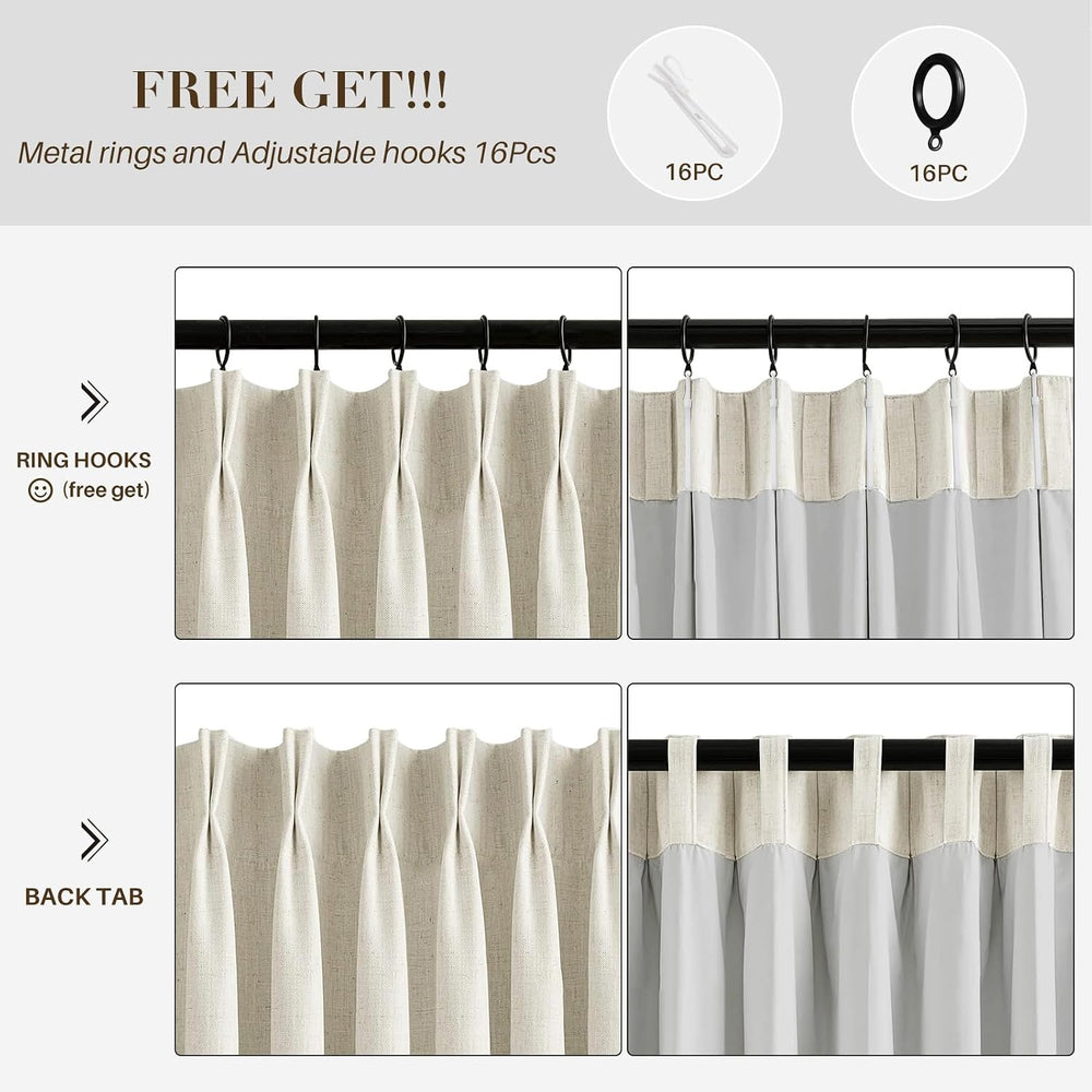 Pinch Pleated Linen Blackout Curtains 96 Inch Long, 50”W x 96”L, 2 Panels