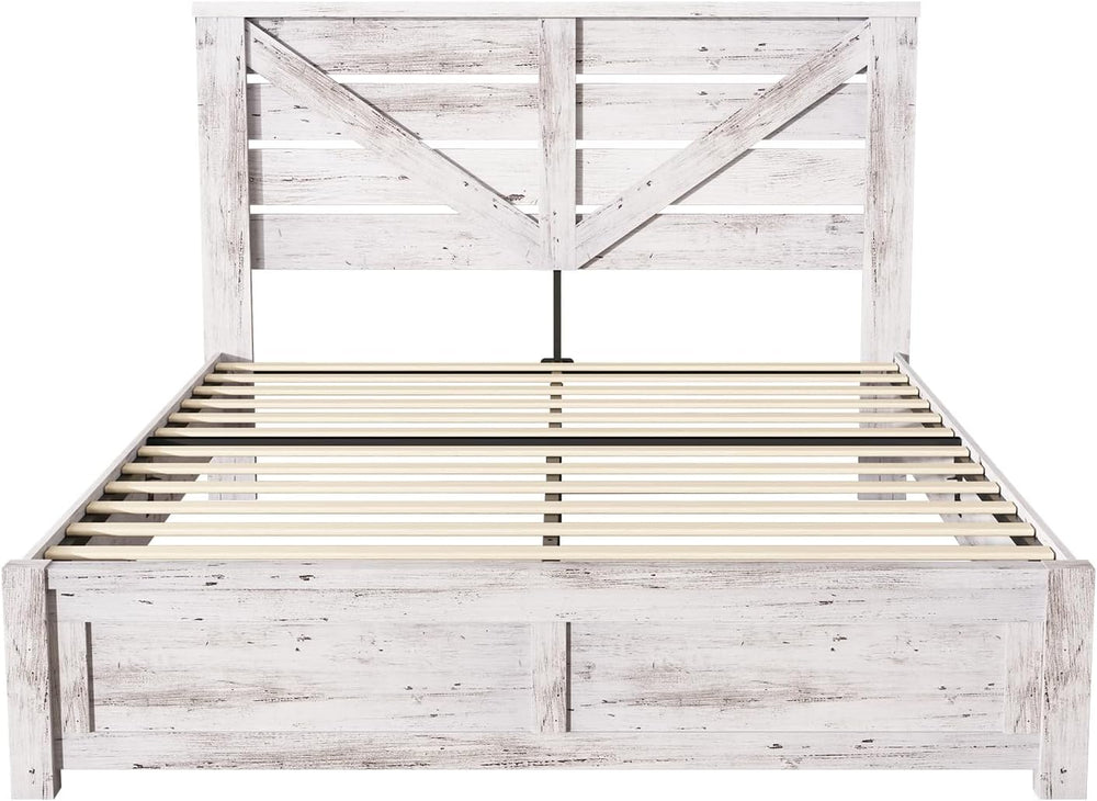 AMERLIFE Farmhouse Full Bed Frame with 49.2" Barn Door Headboard, White