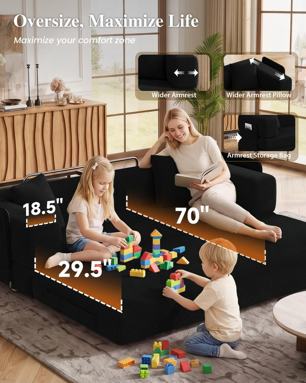 79.5" 5-in-1 Convertible Futon Sofa Bed, Boneless Corduroy, Black