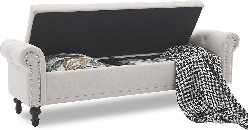 SOFTHION 67" Storage Bench for Bedroom, Linen Upholstered, Beige