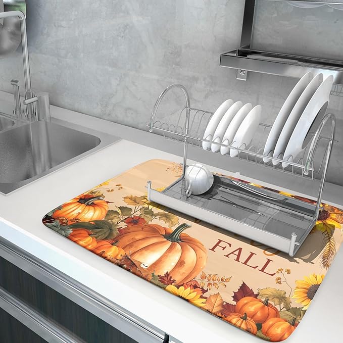 Fall Pumpkin Sunflower Dish Drying Mat 18”x24” Faith Family Fall Drying Mat - Image 5