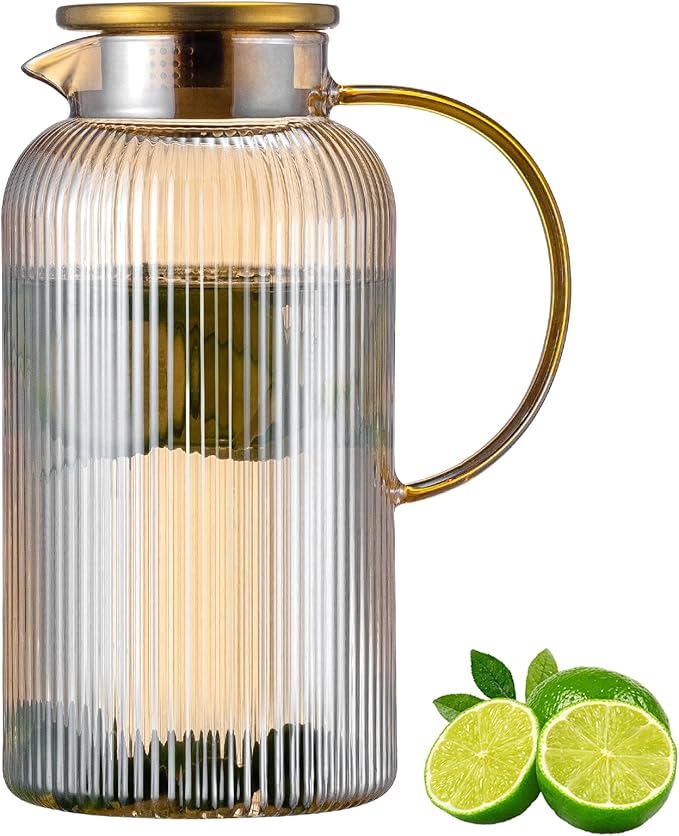 Buaic Glass Pitcher with Lid, 68 oz/ 2 Liter Amber Classic Vertical Stripes by Buaic