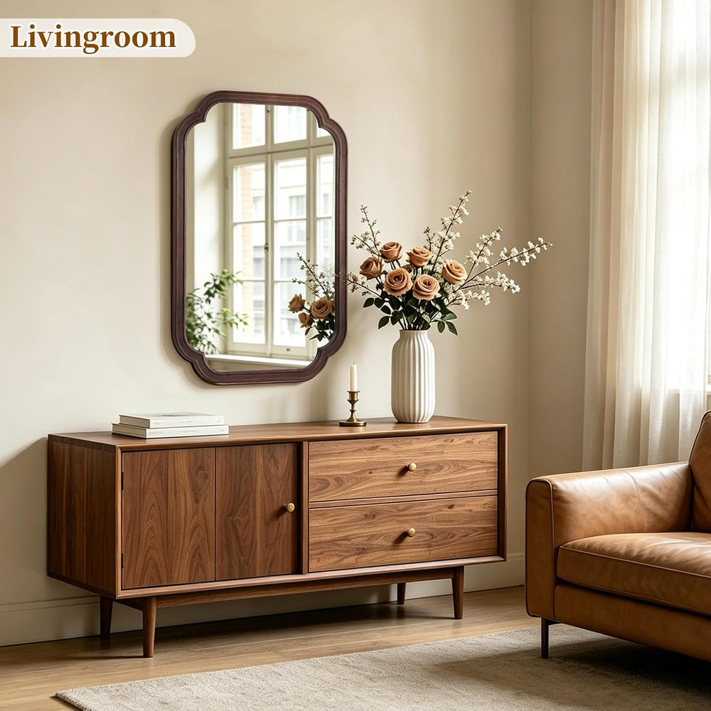 HOMECOOKIN Wood Bathroom Mirror for Wall Decor Arched Rounded Corner Rustic W...