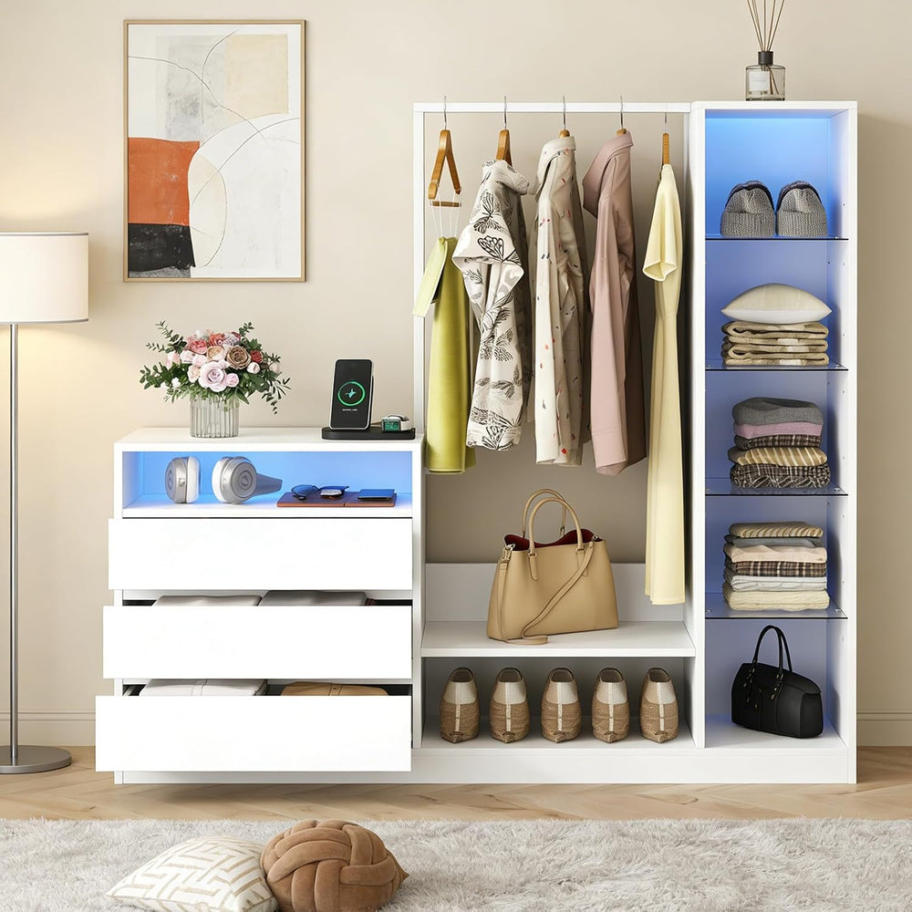 Wardrobe Dresser with Hanging Rack and Drawers, Led Wardrobe Dresser Combo