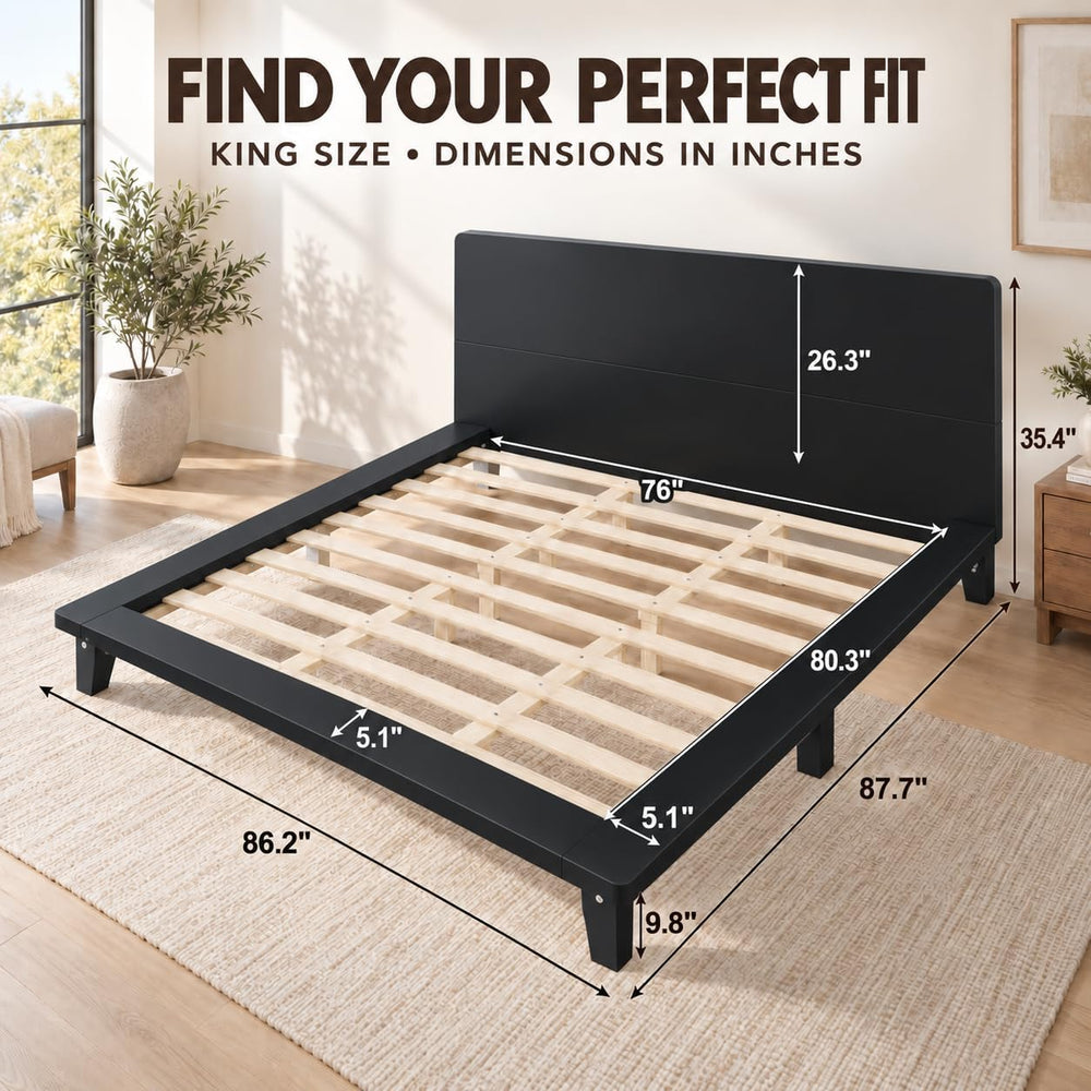 King Size Japanese Wooden Bed Frame with Black Headboard