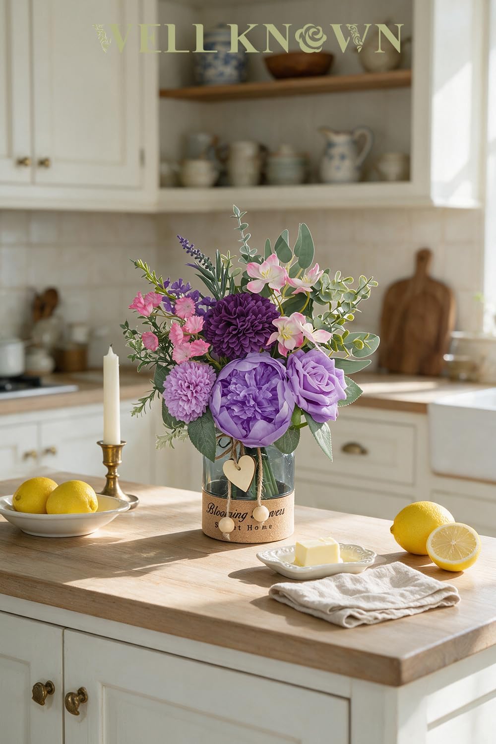 Artificial Purple Flower Arrangement in Glass Vase with Heart Tag
