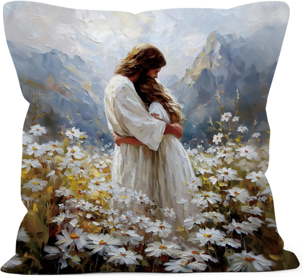 Christian Jesus Throw Pillow Covers Gifts 18x18, Jesus Hugging Woman Girl Decor Pillow Cases for Bedroom Living Room, Religious Cottagecore Decorative Square Pillowcases for Couch Bed Sofa