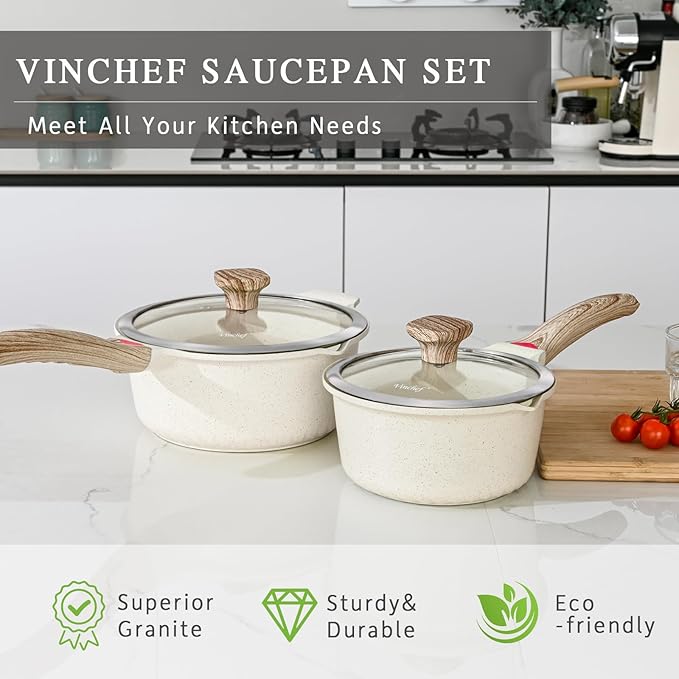 VINCHEF Sauce Pan Set with Lid 10PCS, 3 White Non Stick Cooking Pots Induction - Image 3