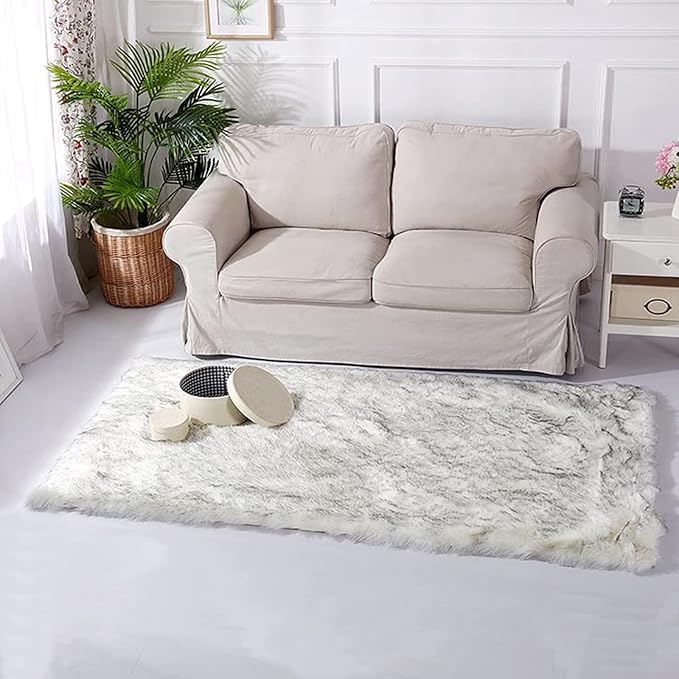 Latepis Faux Fur White with Grey Tips 2x8 Runner Rug by Latepis