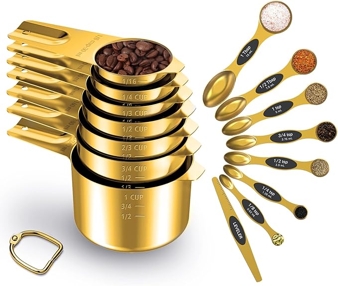 Gold Measuring Cups and Spoons Set of 15, 18/8 Stainless Steel, Includes 7 by LIFETOWE