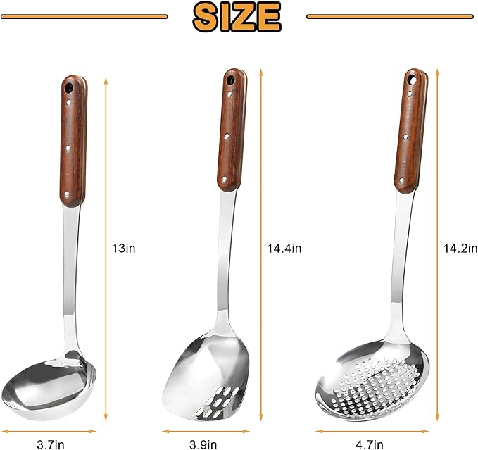 FJNATINH Stainless Steel Wok Spatula, Skimmer Ladle Tool Set, Mirror Polished - Image 3