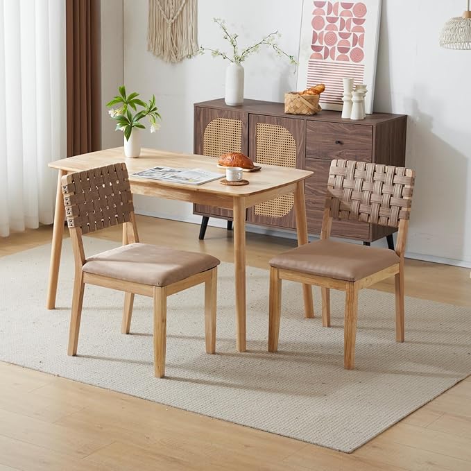 VINGLI Khaki Woven Wooden Dining Chairs Set of 4,Armless Mid Century Modern D...