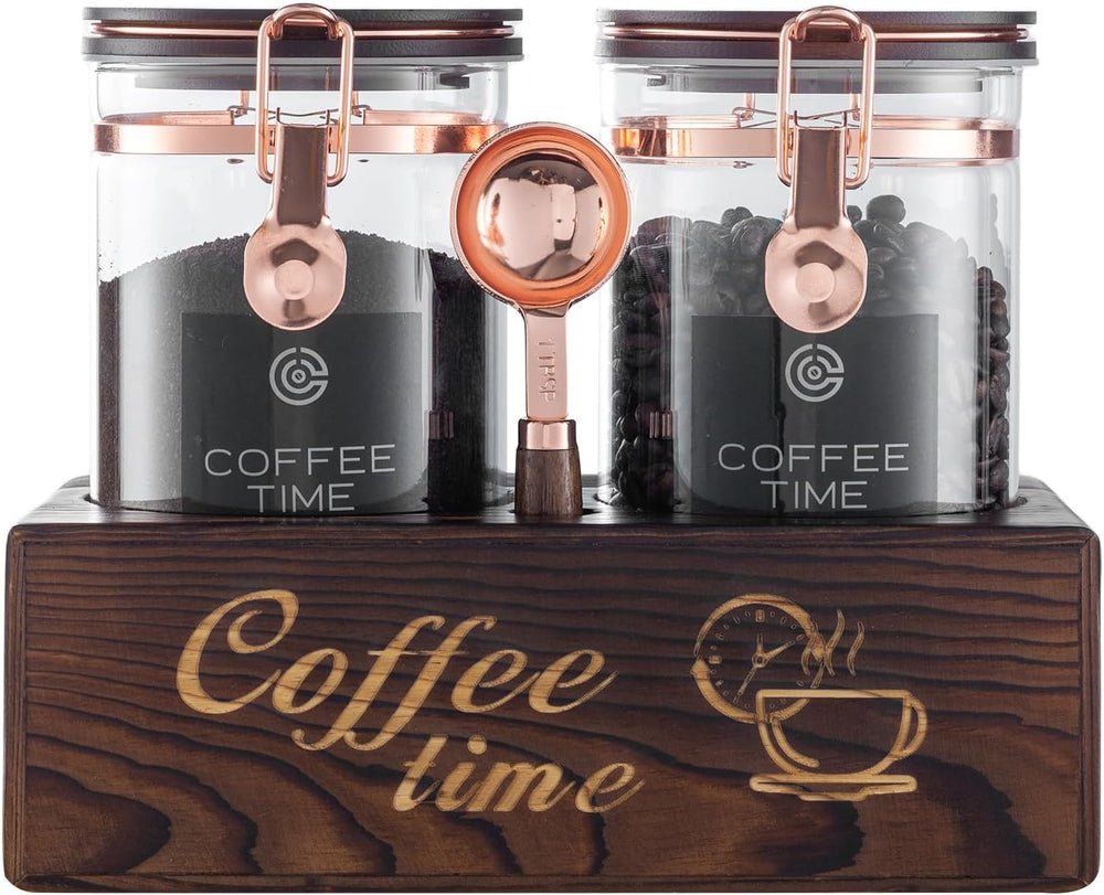 Glass Coffee Canister Set with Torched Wood Shelf, 2 Pack 45oz Airtight Storage