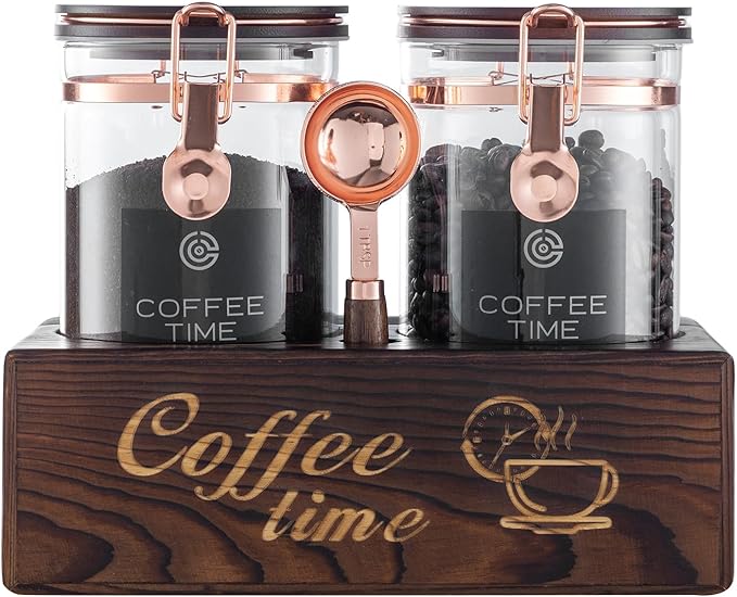 Glass Coffee Canister Set with Torched Wood Shelf, 2 Pack 45oz Airtight Storage by Unknown