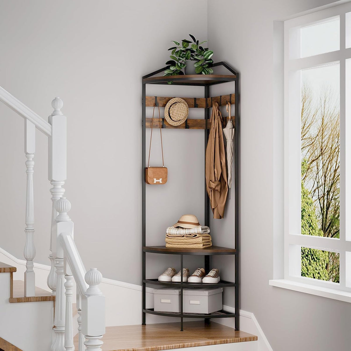 GiftGo Corner Hall Tree with Shoe Bench Entryway Coat Rack with 10 Metal Movable Hooks Floor Standing Clothes Rack Shoes Shelf Organizer for Home Office Bedroom (Rustic Brown)