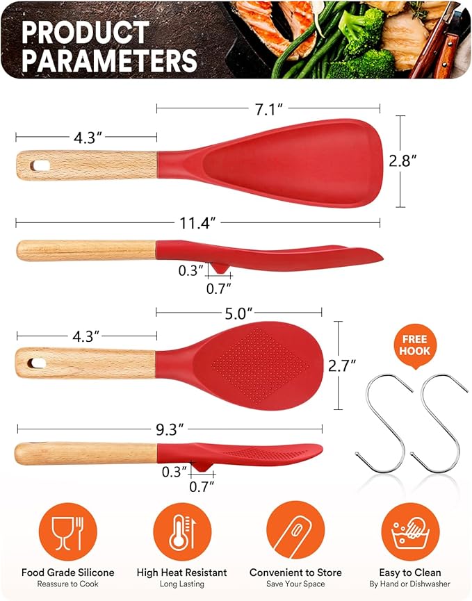 Cooking Spoon and Rice Scooper for Nonstick Cookwares, Wood Handle Spoon for - Image 2