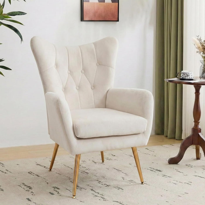 Container Furniture Direct Modern Chic Mid-Century Velvet Accent Armchair for Living Room, Bedroom, or Home Office, Button-Tufted Wingback Design with Gold Flared Legs, Ivory