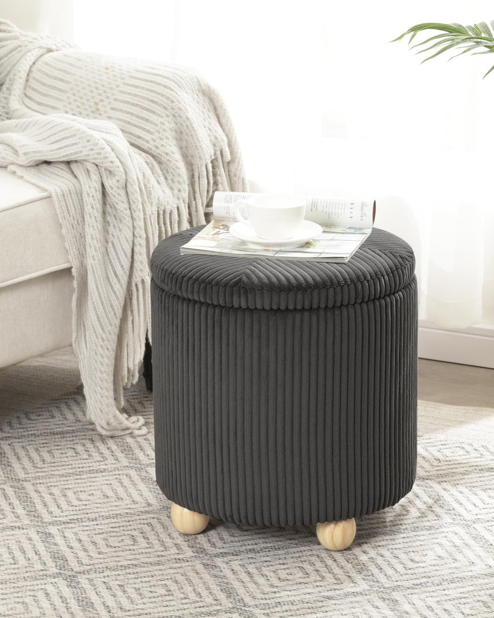 Adeco Velvet Storage Ottoman, Round Upholstered Vanity Stool for Makeup, 15.4...