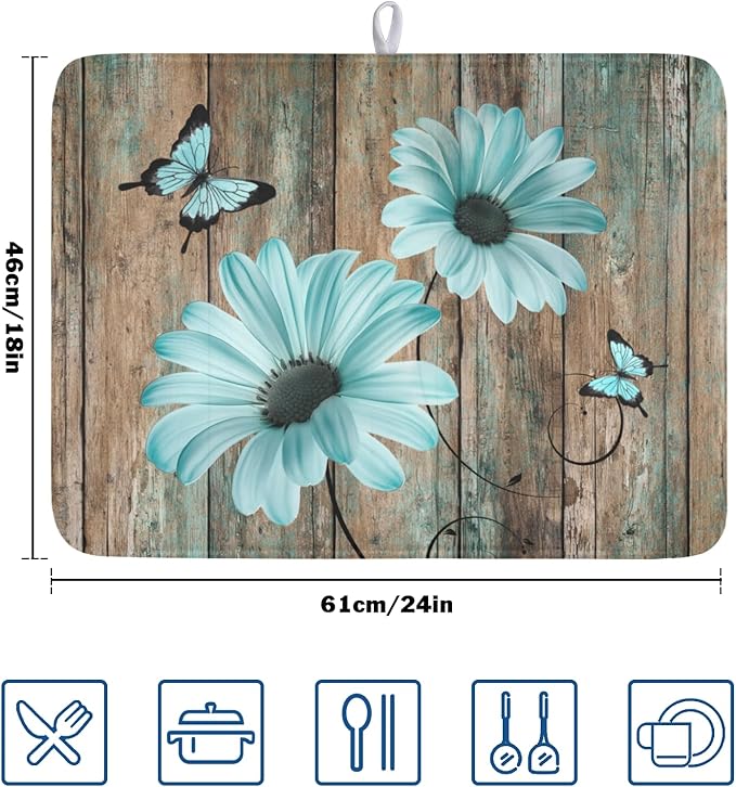 Teal Sunflowers Drying Mat 24x18 Inch, Summer Wooden Board Drying Mat - Image 2
