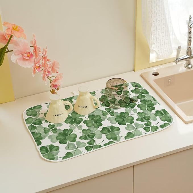 St Patricks Day Dish Drying Mat 18 x 24 inch Dark Green Clover Print Decorative - Image 6